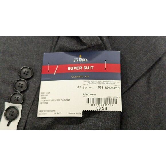 Stafford Mens 38 Short Gray Stria Super Suit Classic Fit Fine Wool Blend Solid - Picture 7 of 10